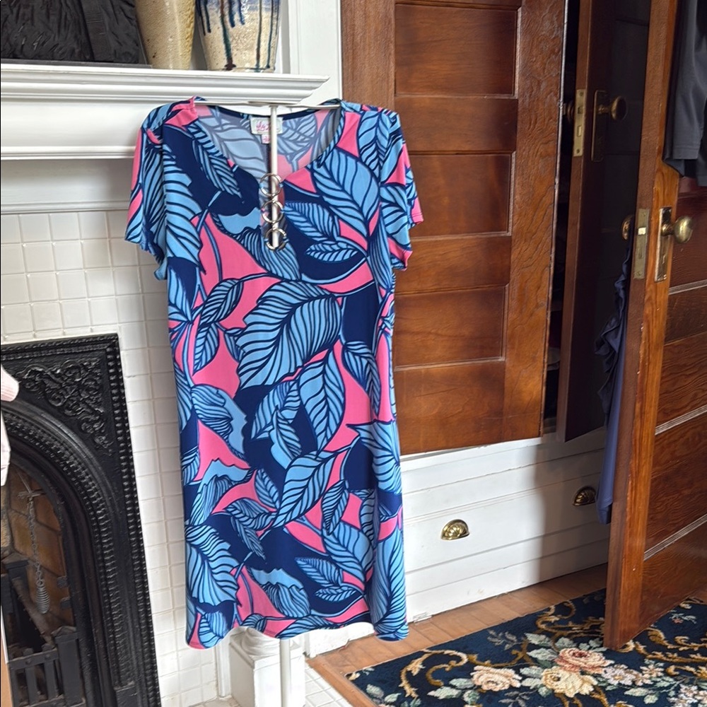 Ivy Jane Blue and Pink Midi Dress Tropical‎ Print